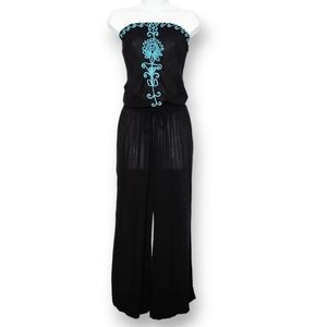 Poupette St. Barth Black Blue Embroidered Sleeveless Jumpsuit Size XS